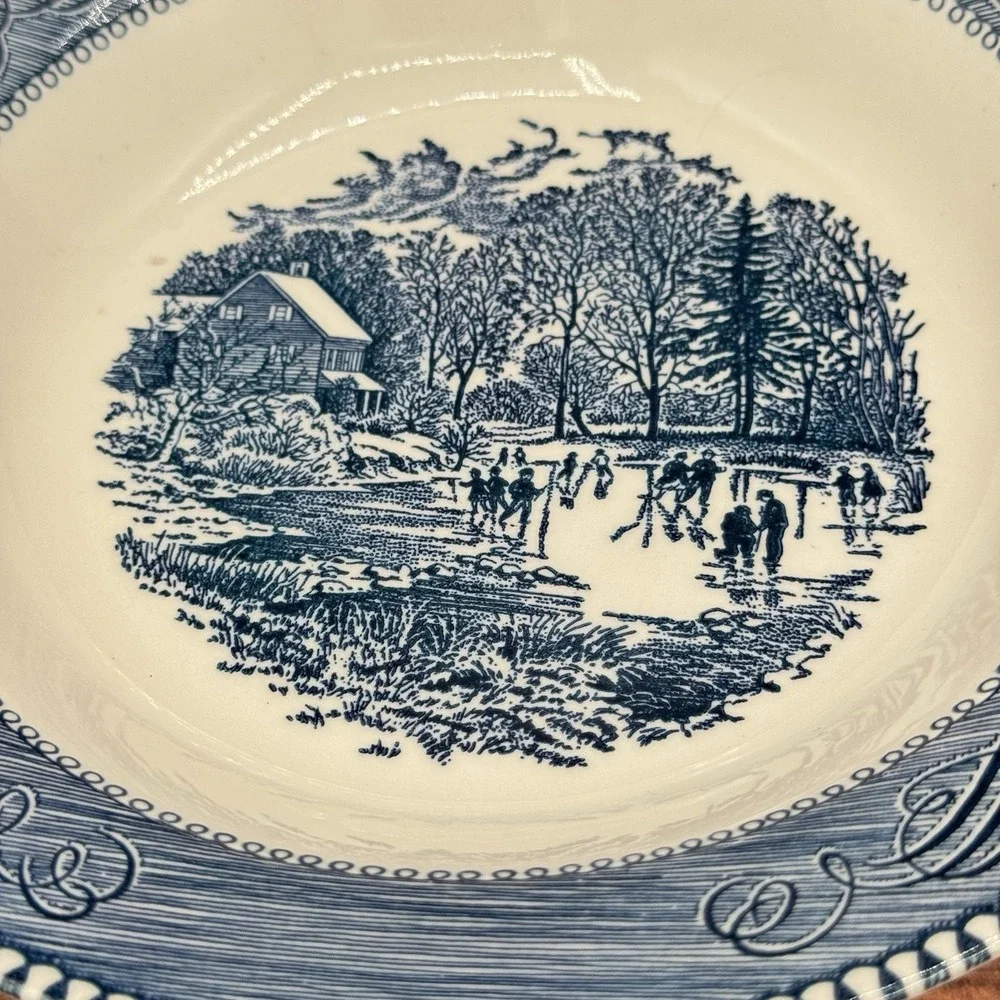 Currier Ives Early Winter Cereal Soup Bowls Set of 2 Royal China Blue White READ